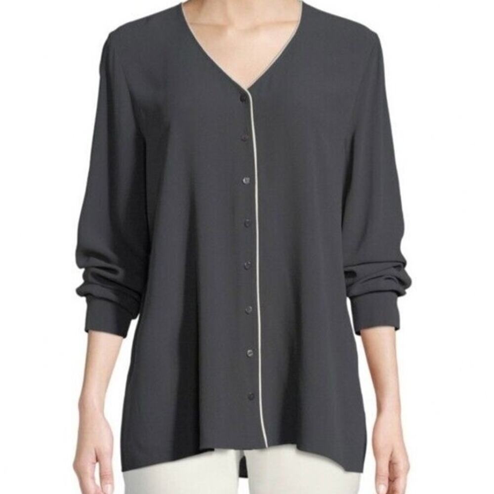 Eileen Fisher XL NWT Graphite Silk Tunic Asymmetrical Button Front Minimalist